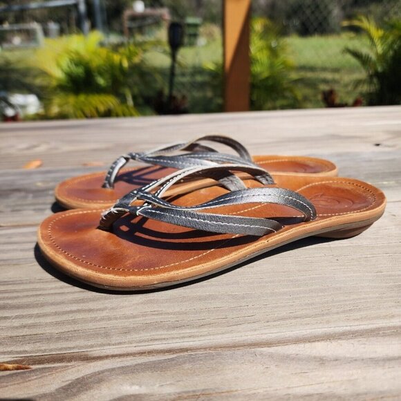 OluKai Shoes Womens 6 U'i Sandals Silver Leather Thong Flip Flop Slip On Flats - Picture 5 of 9